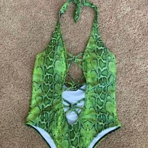 Green Snake Print Halter Swimsuit